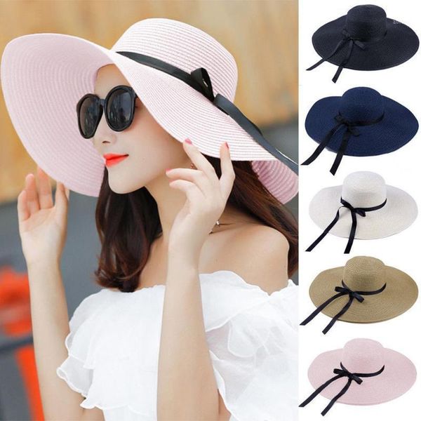 

summer women wide brim floppy straw ribbon bow sun hat beach bucket cap1, Blue;gray