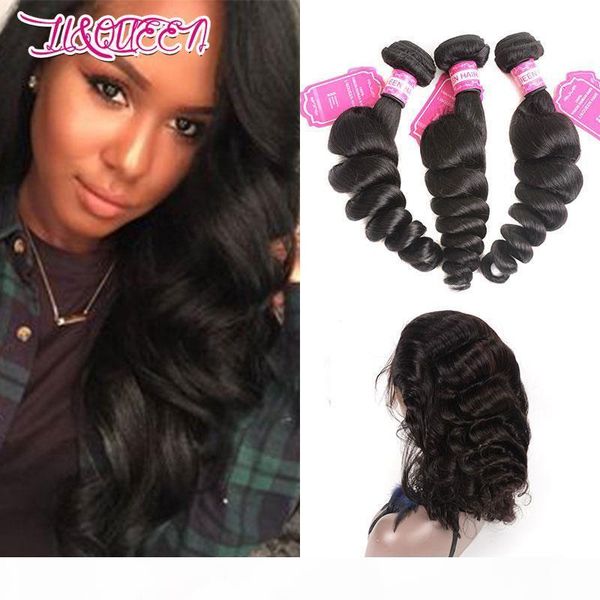 

indian mink 3 bundles with 13 x 4 lace frontal virgin hair ear to ear lace frontal with bundles loose wave natural color, Black;brown