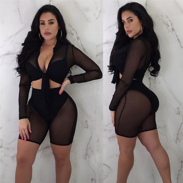 

women 2 pcs matching set long sleeve see through mesh fishnet crop t shirt front knot bandage and shorts set, Gray