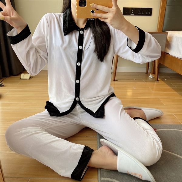 

ins velvet pajamas 2021 new black white women luxury sleepwear winter white long sleeve velvet women home pajamas designer #18#7200099, Black;red