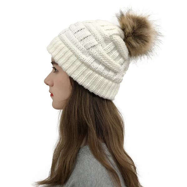 

beanie/skull caps women female winter knitted hat with hairball wool cap solid color head cover ski outdoor round bonnet cross headscarf, Blue;gray