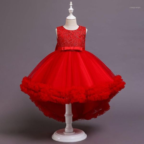 

luxury red flower girls dresses bow embroidery sleeveless lace tulle ball gown o-neck knee-length kids party princess skirt d3071, Red;yellow