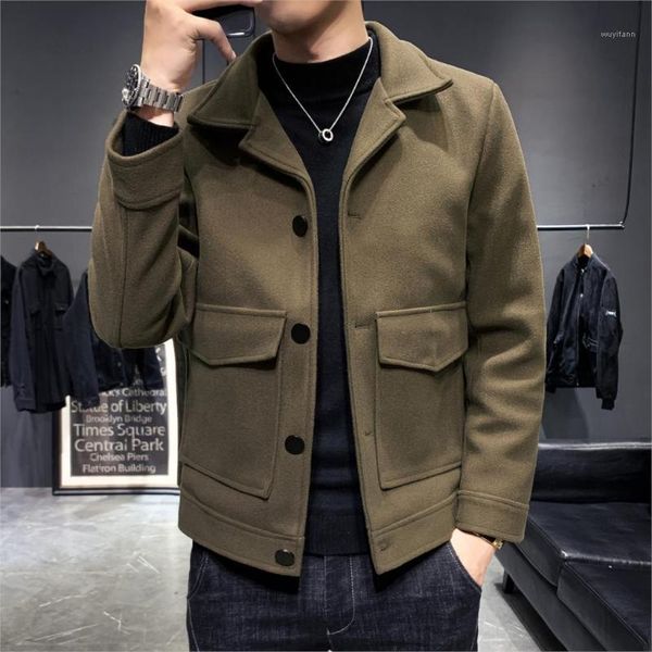 

brand new autumn and winter men coats korean casual woolen coat jackets windbreaker men's short slim overcoat big pocket clothes1, Black