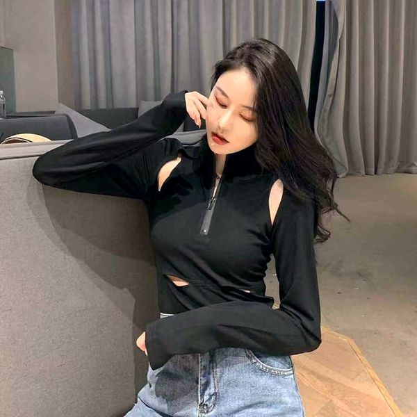 

fskps ins сексите плотный внешний вид рукав молнии короткой шеи футболки длинных талии тонкой высокой стройной высокой открытой navelshoulde, White