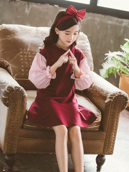 

girls frilled neck contrast striped flounce sleeve dress she, Red;yellow