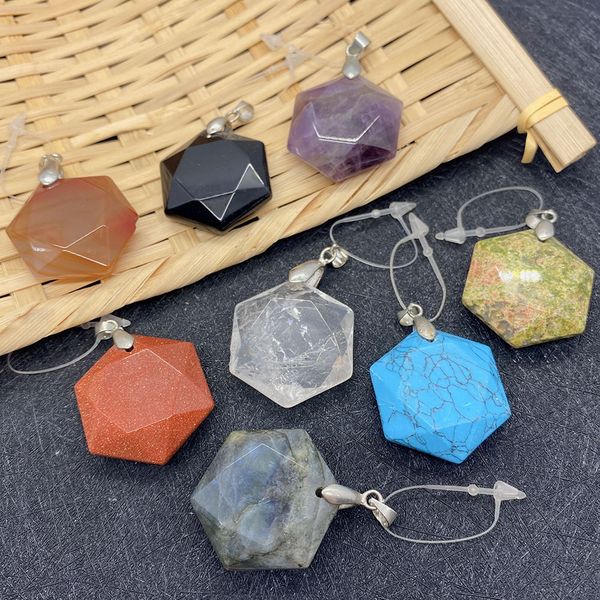 

natural crystal quartz stone charms 25mm hexagon pendants trendy for necklace earrings jewelry making wholesale, Bronze;silver