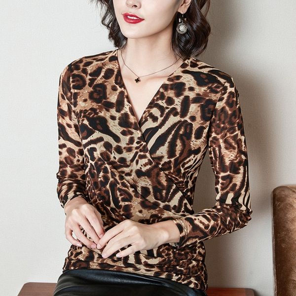 

6oada fashionable foreign cross v-neck printed printautumn new leopard t women's small style tshirt shirt mesh long sleeve slim women, White