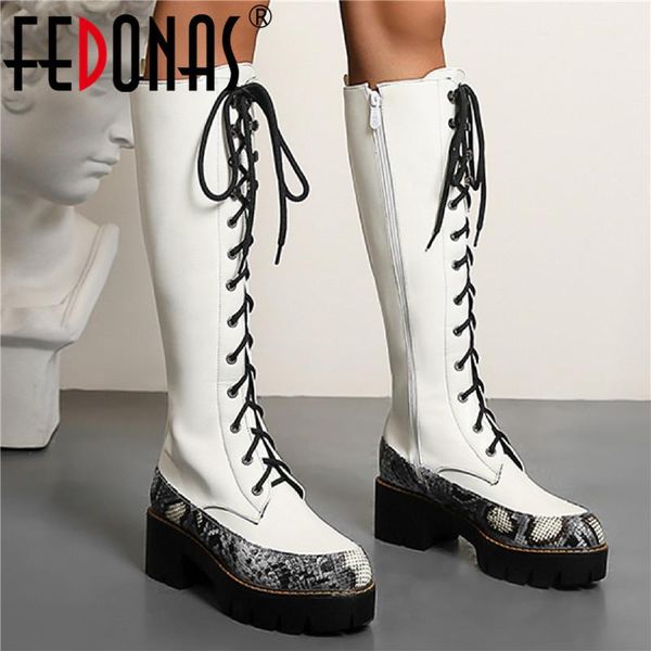

boots fedonas retro platform knee hig cross tied chunky heels shoes woman 2021 fashion wedding party motorcycle, Black