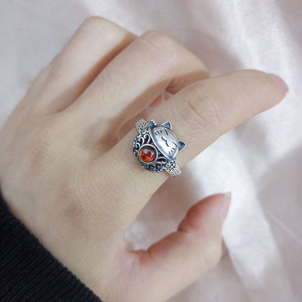 

fashion version cute jewelry s925 sterling silver lucky cat ring lady temperament vintage distressed garnet ring thai silver fashion design