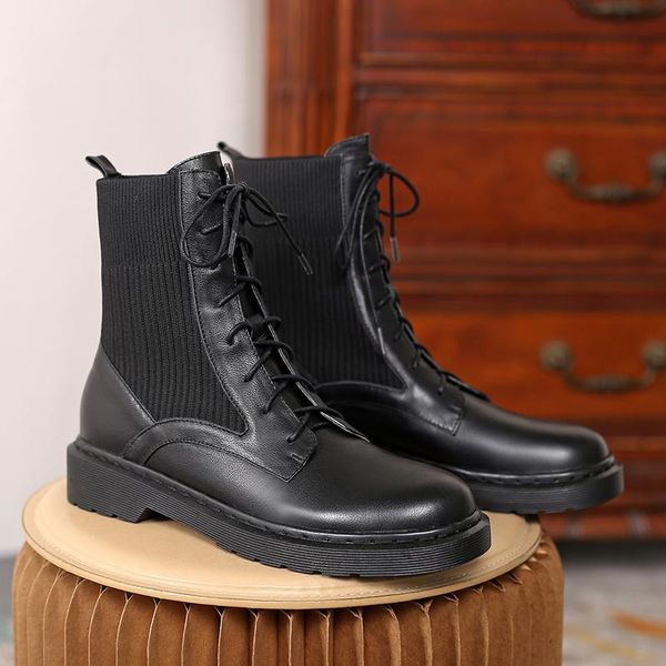 

genuine leather knitting female chunky low heels ankle boots cross tied round toe boots for women party working shoes woman, Black