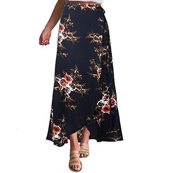 

women stretch high waist floral long skirt maxi pleated beach casual boho skirt, Black