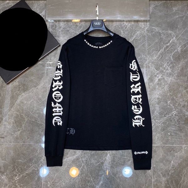 

2020ss chrome ch hearts pocket letter collar flower arm printed casual loose long sleeve t-shirt s-xl, Black;brown