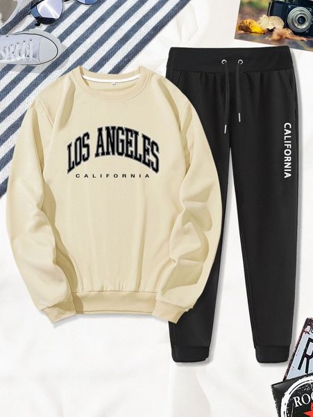 

men letter graphic sweatshirt & drawstring waist sweatpants x71c#, Gray