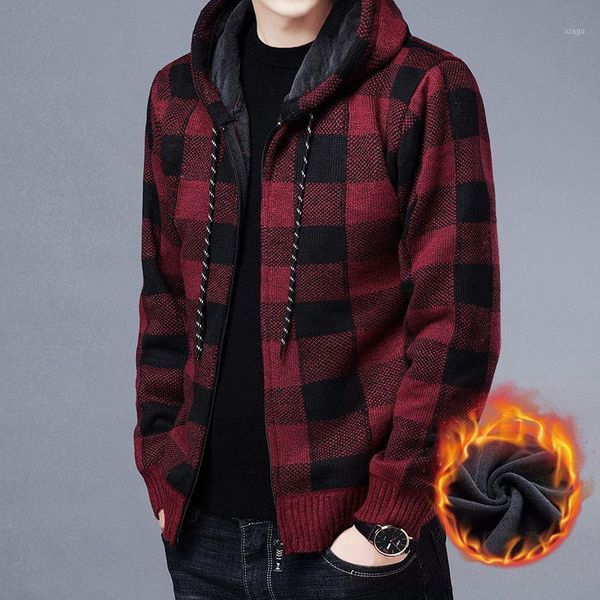 

autumn and winter plus velvet thick hooded jacket men's loose sweater new knitted cardigan shirt plaid jacket tide1, White;black