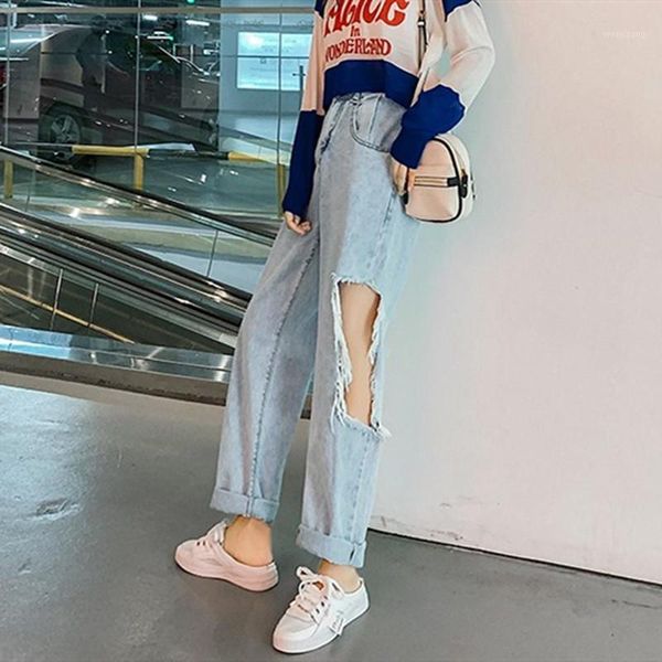 

woman jeans high waist ripped jeans 2020 spring summer for clothes wide leg denim clothing blue streetwear fashion vintage pants1