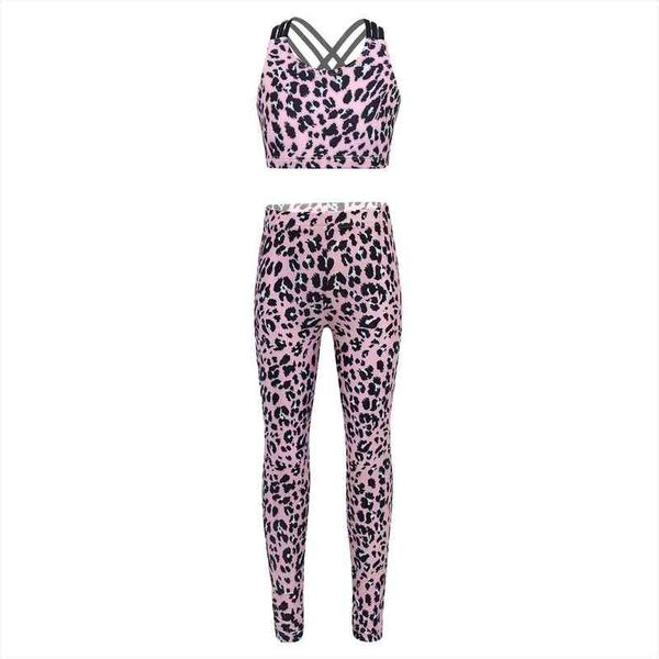 

kids girls leopard print gym workout ballet dance sets sport suit neck crop pants leggings trousers for sports tracksuits, White