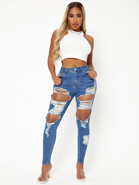 

sxy high waist ripped skinny jeans u7gc#, Blue