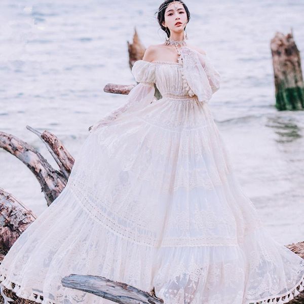 

summer lace hollow out maxi dress evening party vintage lady white off shoulder floor-length tunic tassel dress for women 20201, Black;gray