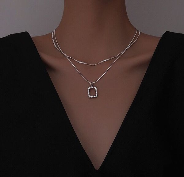 

titanium steel pendant necklace double-deck square clavicle chain choker, Silver