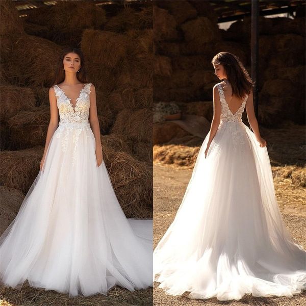 

boho v neck a line wedding dresses custom made appliqued lace chic bridal gowns sweep train backless soft tulle gorgeous robes de mariÃ©e, White