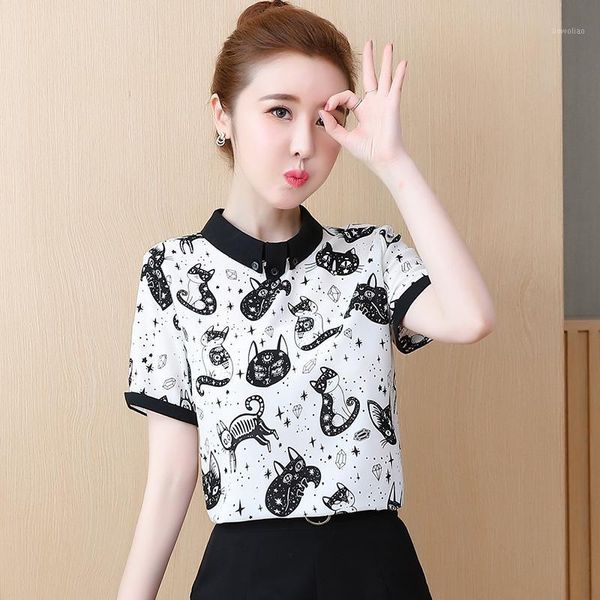 

2019 new fashion summer women blouses and chiffon short sleeve stand clothing cats print casual ladies shirts tees blusas1, White