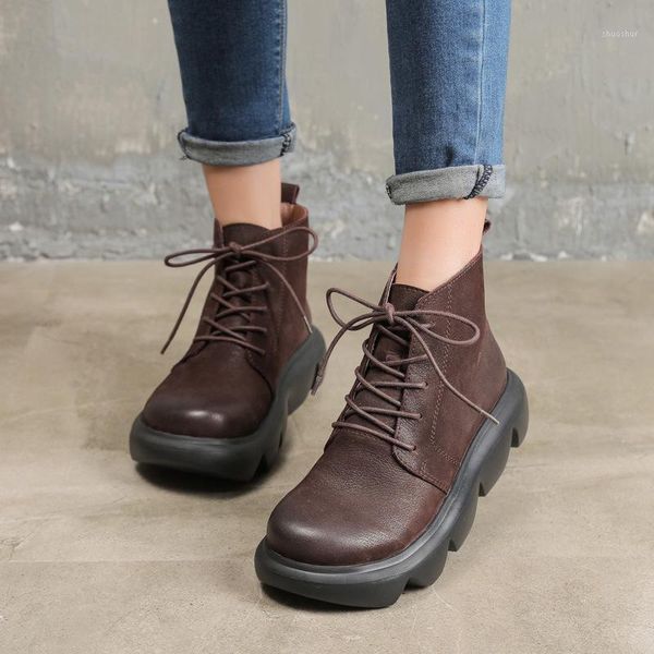 

boots 208-1 inside and outside full leather platform boot retro artistic round lace-up muffin thick bottom cowhide female boots1, Black