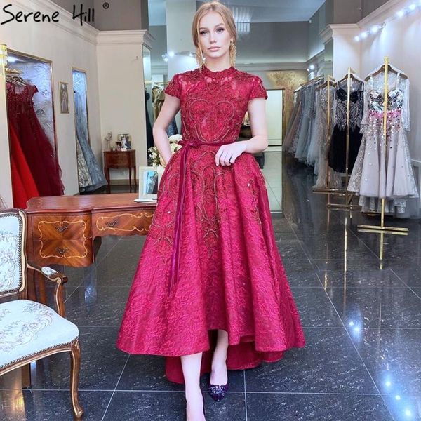 

gold high neck luxury asymmetrical prom dresses 2020 short sleeve lace beading prom gowns serene hill bla70227, White;black