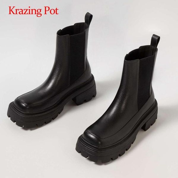 

krazing pot stretch boots mixed colors waterproof square toe thick high heel slip on noble gorgeous mid-calf boots l68, Black