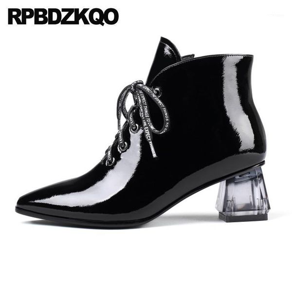 

boots patent leather lace up fur high heel big size waterproof winter women chunky autumn black booties ankle pointed toe shoes1