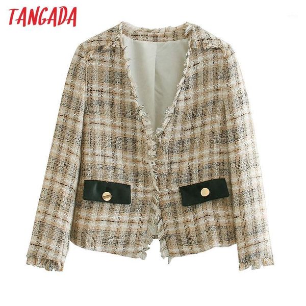 

tangada women tweed coats jacket pocket long sleeves 2020 autumn ladies elegant coat 5z2081, Black;brown