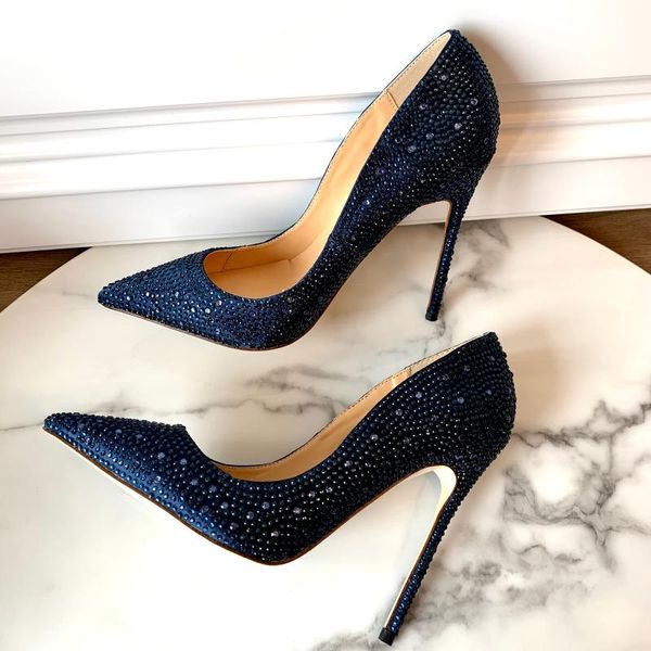 

dress shoes fashion women pumps blue rhinestone crystal strass pointy toe heels stiletto high 12cm 10cm 8cm, Black