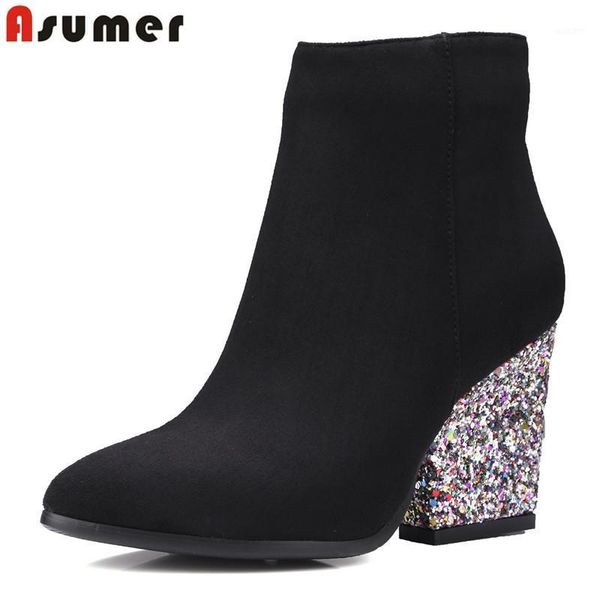 

boots asumer 2021 women ankle thick high heels autumn winter short bling flock nubuck leather ladies shoes1, Black