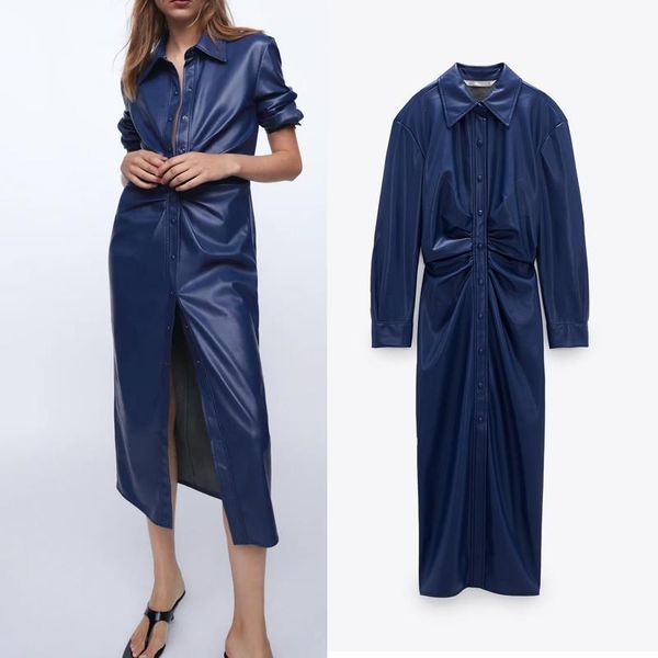 

za 2021 faux leather shirt dress women fall winter blue office dresses long sleeve pleated waist woman dress clothes snap button, Black;gray