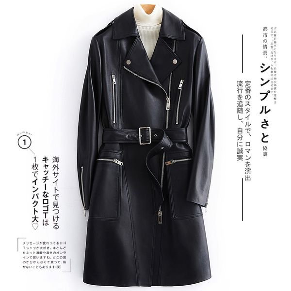 

lautaro black long faux leather jacket women with many pockets zipper belt lapel spring plus size leather trench coat for women 201028