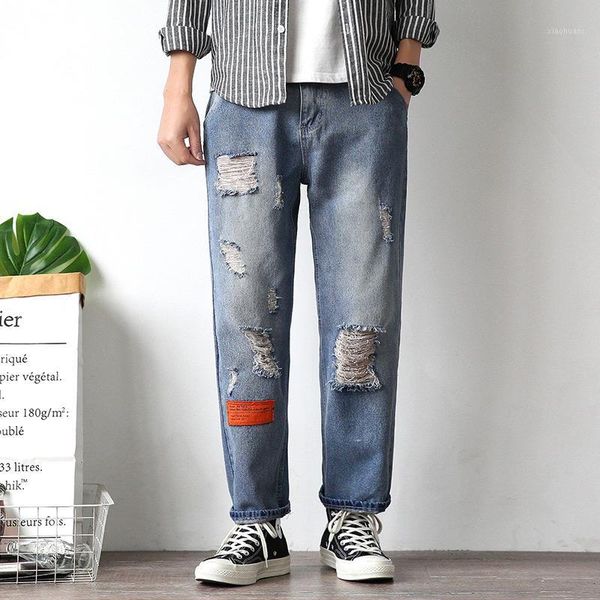 

men jeans holes solid chic harajuku denim straight trousers mens korean style leisure streetwear bf all-match ins loose teens1, Blue