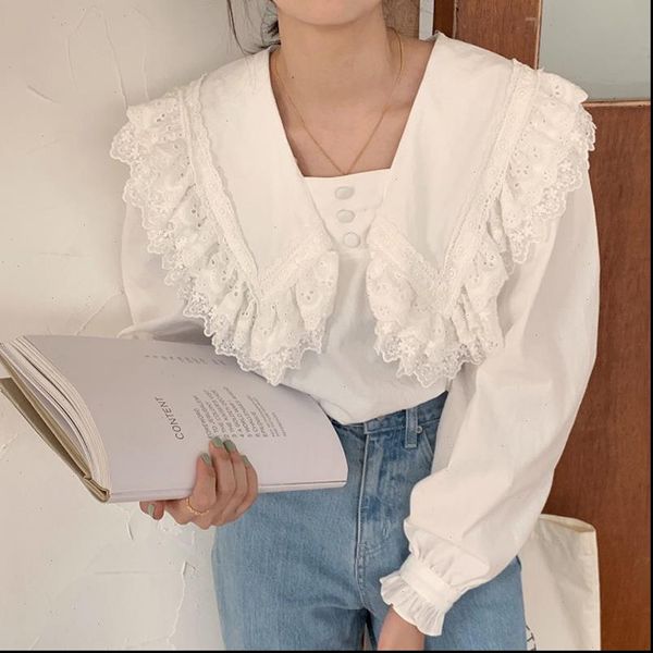 

vintage sailor collar buttons ruffles stitching women blouses shirts autumn winter ladies pullovers long sleeve female shirts, White