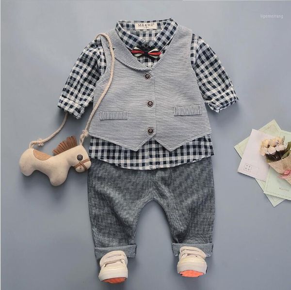 

2020 spring todder children clothing sets baby boys clothes suits vest plaid shirt pants infant kids formal suit casual costume1, White
