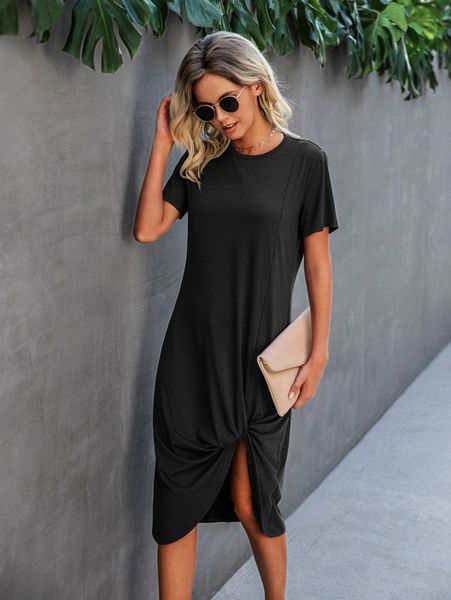 

solid twist tee dress 704f#, Black;gray