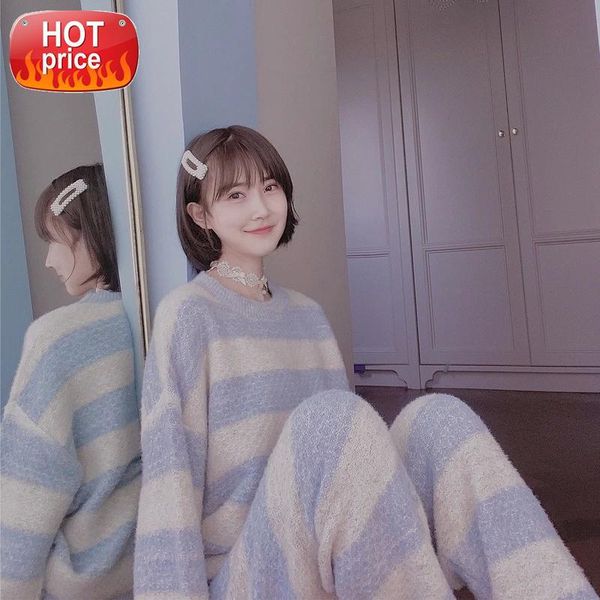 

new autumn winter soft pajamas for women girls pijama loungewear sweet lolita cute pink blue striped sleepwear home clothes suit #3w33, Black;white