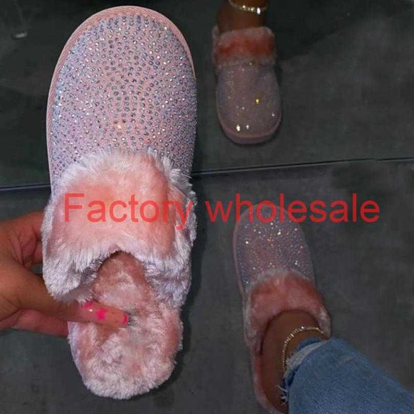

2021 new women faux fur warm house fashion women's winter indoor crystal flat home slippers plus size uzrs, Black