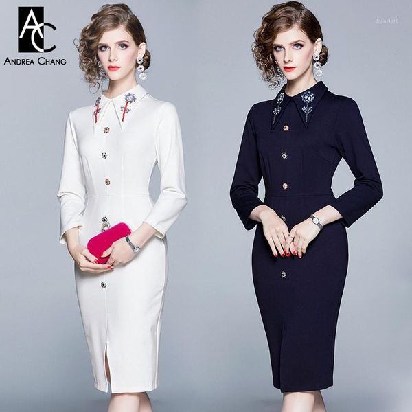 

s-xxl autumn winter woman dress floral pattern sleeve white dark blue dress single breasted knee length bodycon vintage1, Black;gray