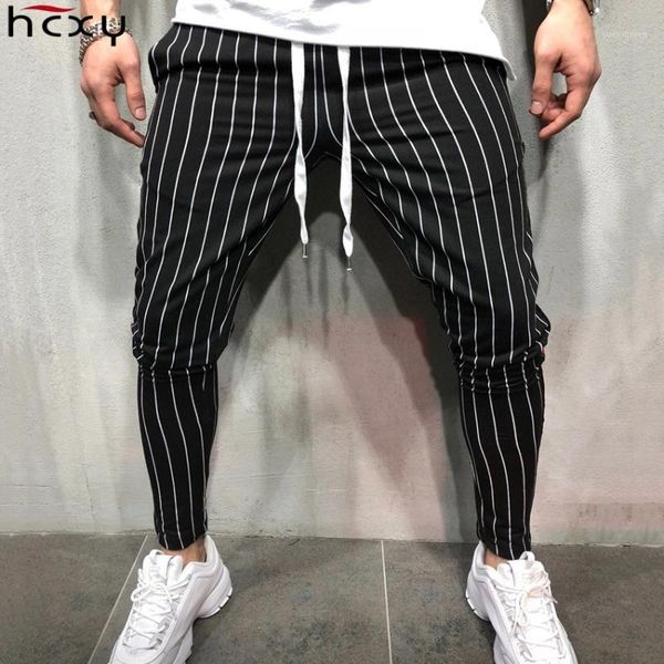 

hcxy 2019 autumn new arrival men's striped casual pants men trousers jogger pencil pants male slim fit stretch drawstring full l1, Black