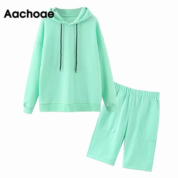 

aachoae 2020 solid color 2 piece set women casual hooded sweatshirt with fashion baggy half pants two piece set and pants lj201117, White