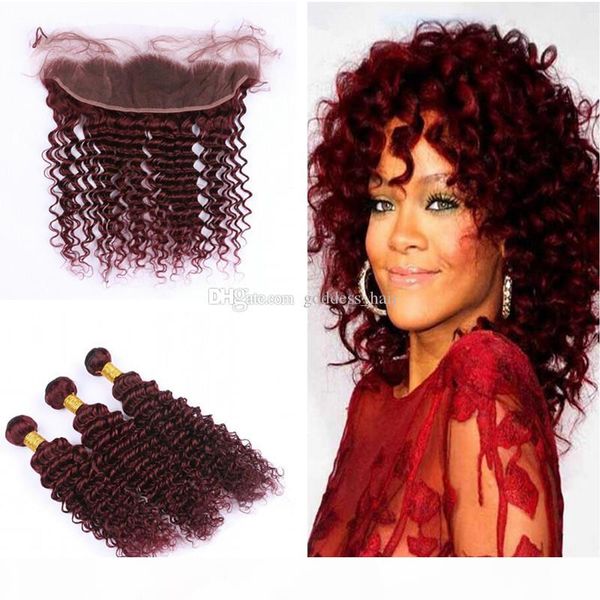 

deep wave 99j hair extension with frontal burgundy middle part 99j ear to ear frontal with deep curly human hair 3bundles, Black;brown