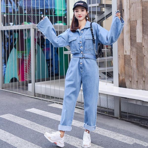 

fashion streetwear style denim overalls women 2019 autumn long sleeve bodysuit high waist jeans bodycon romper wide leg jumpsuit1, Black;white