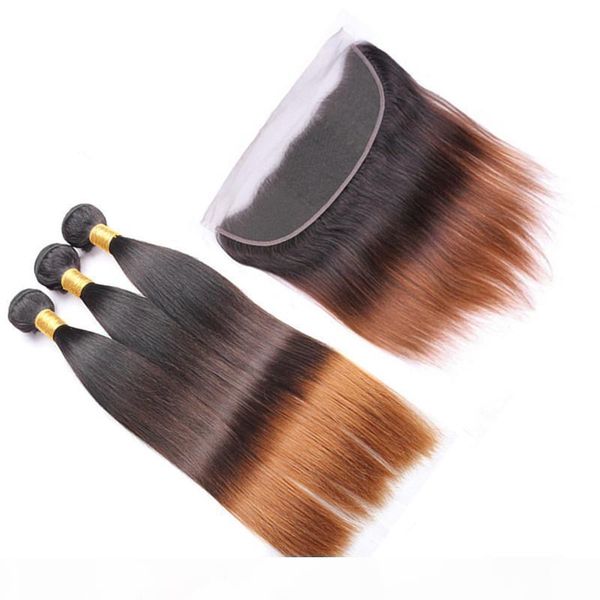 

dark root #1b 4 30 medium auburn ombre virgin hair wefts with frontal straight 3tone ombre 13x4 lace frontal closure with weave bundles, Black;brown