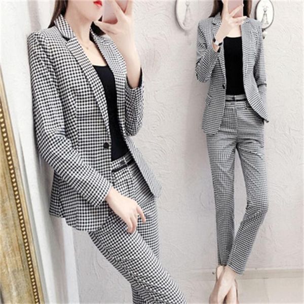 

fashion pants suit women autumn new plus size plaid suit feminine long-sleeved tooling pants two-piece sets women1, White;black
