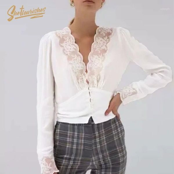 

sheflourishes white lace womens and blouses cropped shirts elegant office lady blusas v neck long sleeve skinny solid1