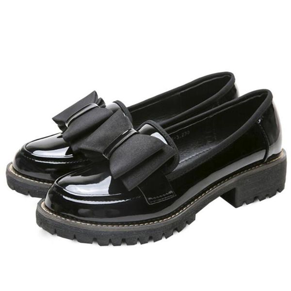

british style oxfords women shoes fashion bow single shoes students' slip on platform square heel women loafers xx370, Black