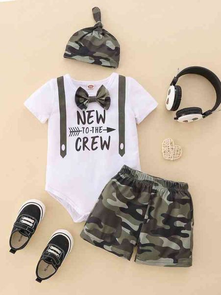 

baby letter and camo print bow front bodysuit & shorts with hat she, White